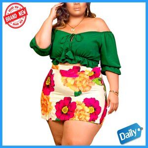 Plus Size Two Piece Skirt Set Off Shoulder Crop Top Shorts Dress Suit